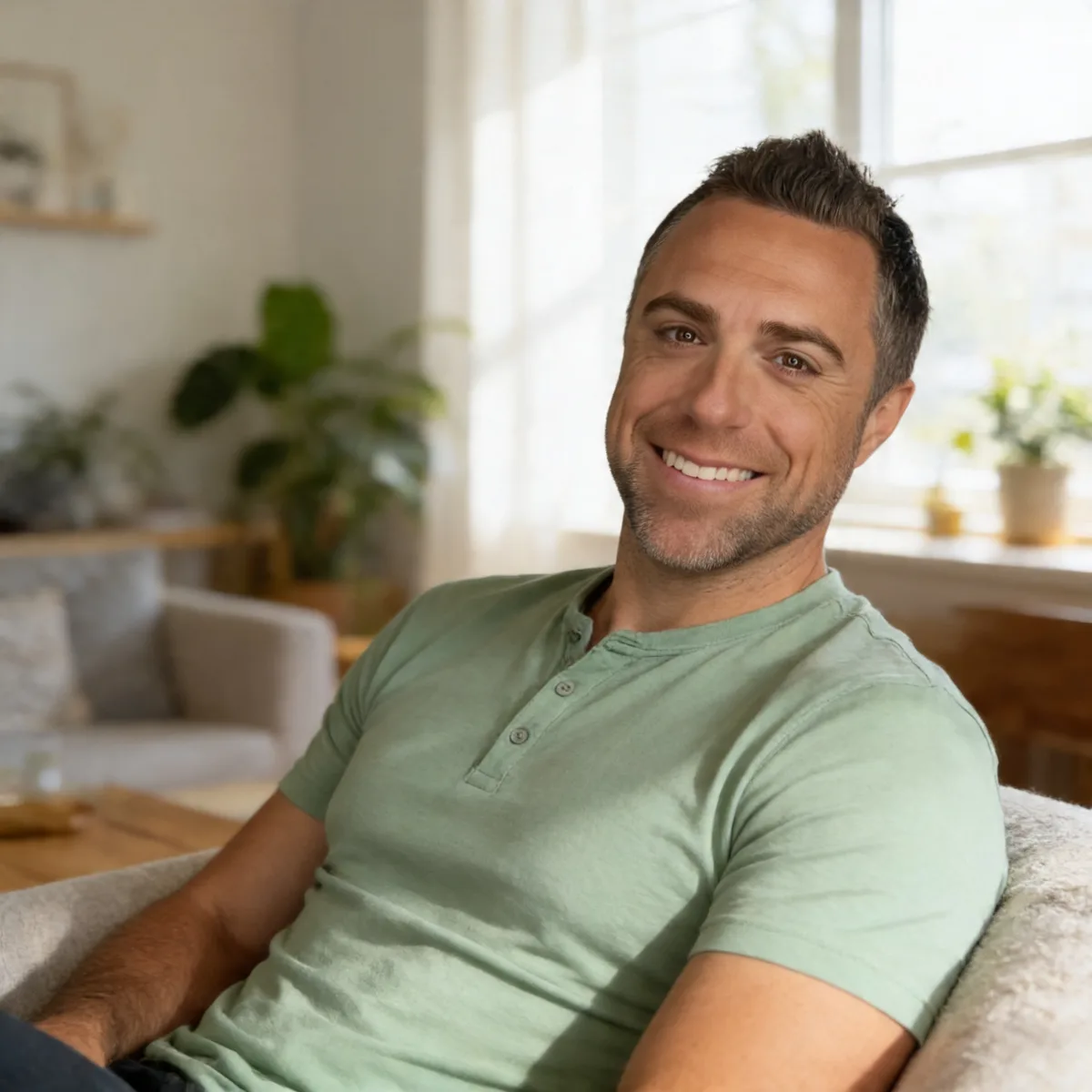 Mark Thompson, founder of Codas Labs, smiling in a bright living room